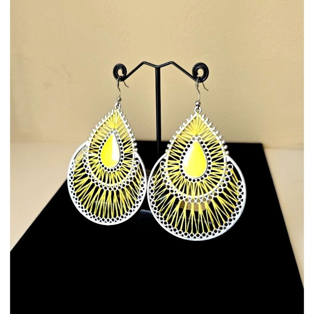 Paparazzi Samba Scene Yellow Thread Silver Teardrop Statement Earrings 3" Large